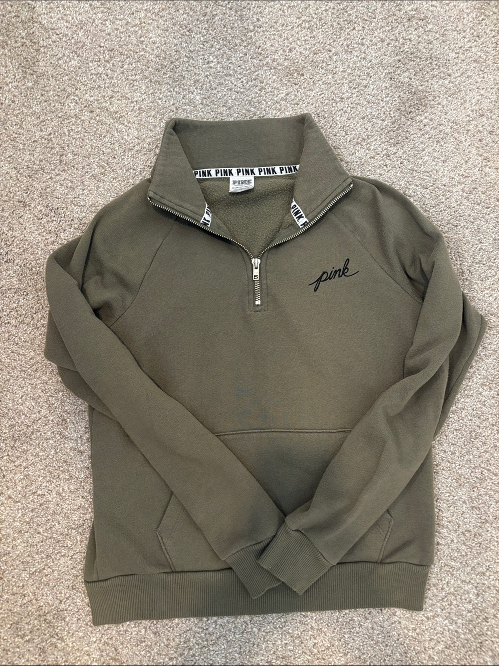 PINK Victoria's Secret Olive Green Half-Zip Pullover Sweatshirt